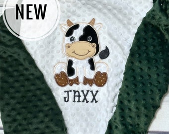 Couverture personnalisée pour bébé vache | Cadeau fait main pour bébé | Animaux de la ferme | Vache assise | Couverture Prénom | Choisissez votre taille