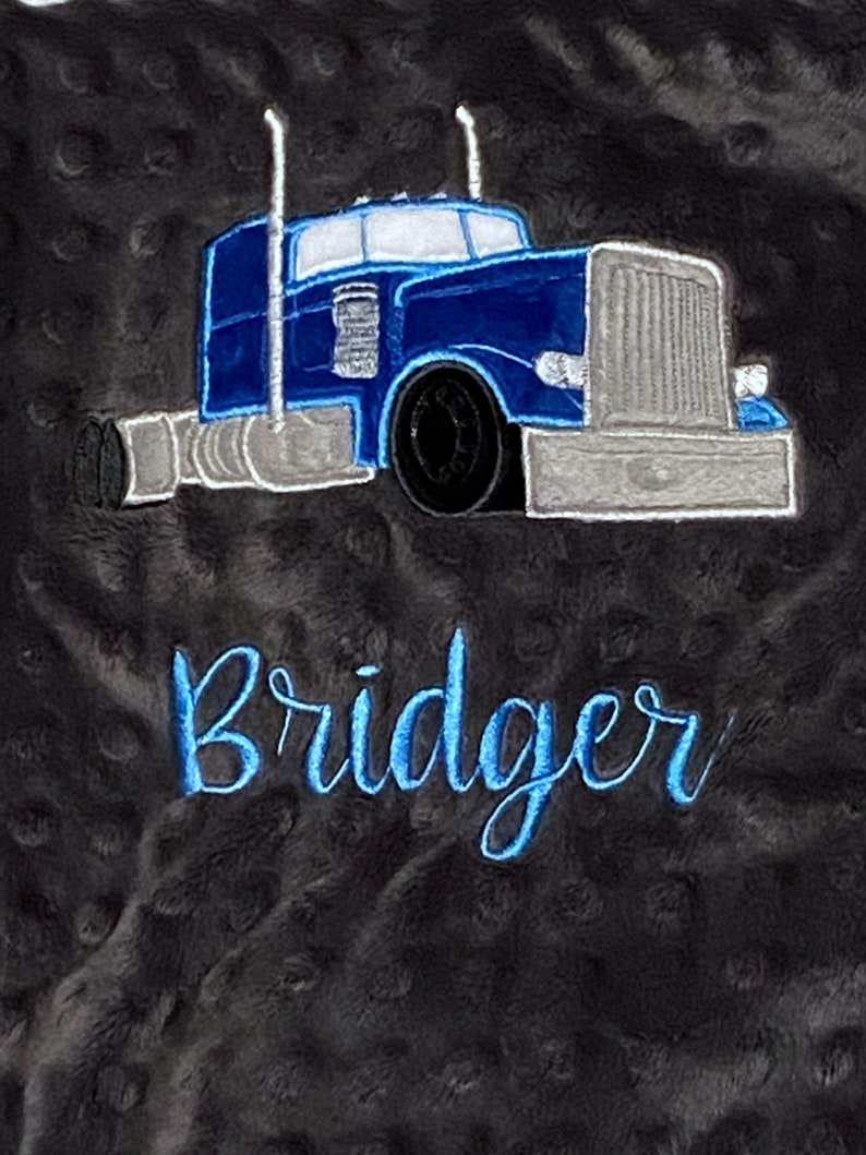 Personalized Baby Blanket Handmade Trucker Baby Gift Semi Truck Embroidery 18-wheeler Read About Sizes in Description image 2