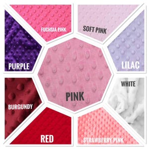 May include: A color chart showcasing various shades of fabric. The colors include purple, fuchsia pink, soft pink, lilac, white, strawberry pink, red, burgundy, and pink. Each color is labeled with its respective name.