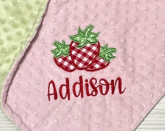 Personalized Strawberry Minky Baby Blanket | Embroidered Nursery Decor | Custom Name Blankets | Baby Girl
