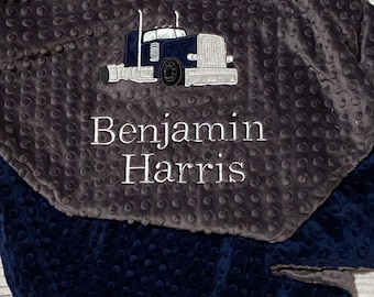 Personalized Minky Semi Truck Baby Blanket  | Embroidered 18- wheeler Boy Bedding