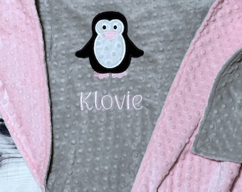 Personalized Penguin Baby Blanket | Handmade Baby Blanket | Name Blanket | New Baby | Minky Dot Fabric | Penguin Embroidery