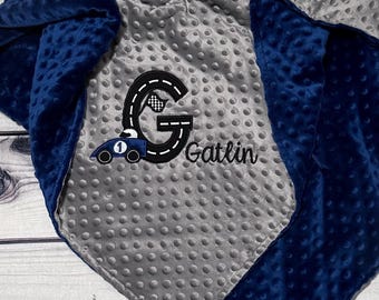 Personalized Race Car Minky Blanket | Embroidered Racing Blankets | Handmade Blankets