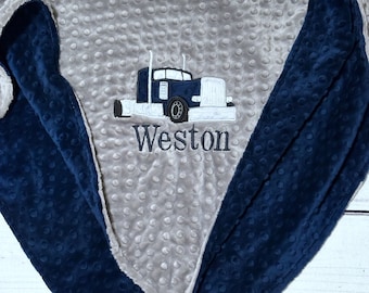Personalized Semi-Truck Minky Baby Blanket | Handmade Blankets for Babies and Kids | 18 Wheeler Trucks