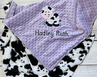 Personalized Plush Cow Print Baby Blanket | Handmade Baby Gift | Choose your Colors | Minky Fur Cow Print | Cozy Blanket