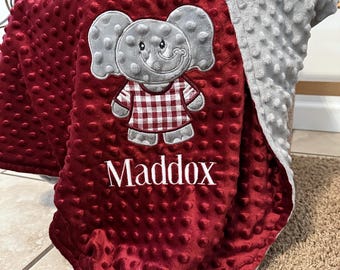 Personalized Elephant Minky Baby Blanket | Custom Name Blanket | Handmade Keepsake