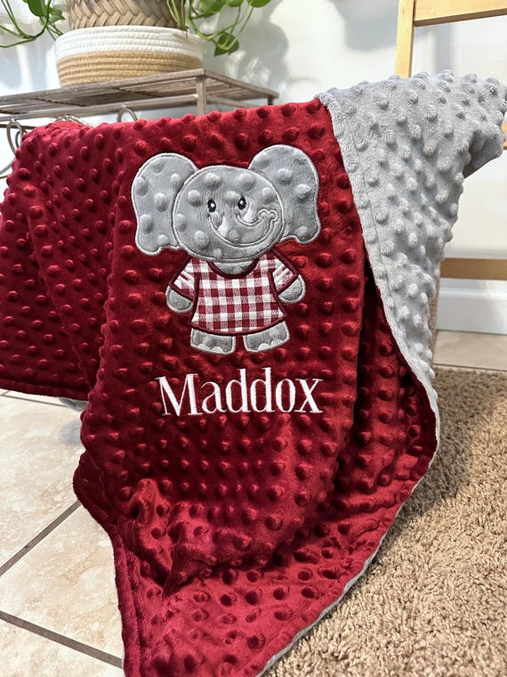Personalized Elephant Baby Blanket Crimson Gray Minky Handmade Baby Gift Baby Bedding Newborn Blanket Etsy
