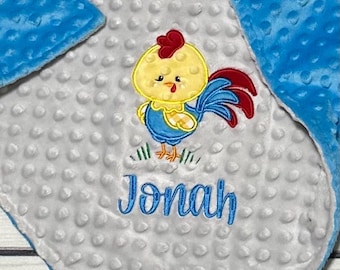 Personalized Rooster Minky Blanket | Colorful Chicken Blankets | Farm Animals | Farmhouse Nursery Theme