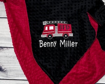 Personalized Firetruck Minky Baby Blanket | Embroidered  Fire Engine | Fireman Keepsake | Newborn Gift