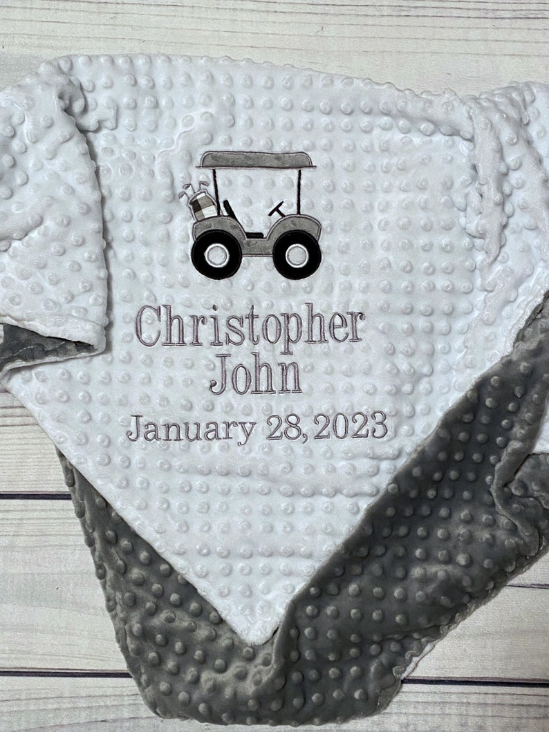 Personalized Golf Baby Blanket Handmade Baby Gift Baby Birthdate Golf Cart Embroidery New Baby Golf Bedding image 1