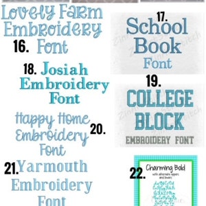 May include: Image showcasing various embroidery fonts, including "Vanilla Bean," "Baby Shark," and "Garlic Bread." Other fonts are labeled as "Lovely Farm," "School Book," "Josiah," "College Block," "Yarmouth," and "Barnstable." A font chart is also included.