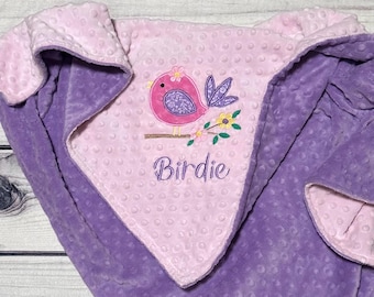 Personalized Bird Minky Baby Blanket | Embroidered Girl's Nursery Decor