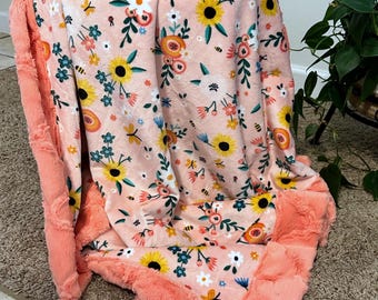 Personalized Floral Minky Baby Blanket | Plush Peach Orange Blanket | Custom Name Blankets