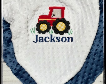 Personalized Tractor Minky Baby Blanket | Custom Name Keepsakes  | Farming Blankets