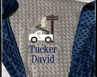 Personalized Minky Baby Blanket Embroidered with a Lineman | Custom Embroidery Gift, Lineman Dad | Power Company