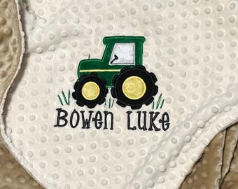 Personalized Tractor Minky Baby Blanket | Embroidered Farm Blankets | Custom Name Baby Gift
