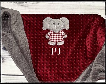 Personalized Elephant Minky Baby Blanket | Burgundy & Gray Fabric | Alabama Fan | Custom Name Blanket | Handmade Keepsake