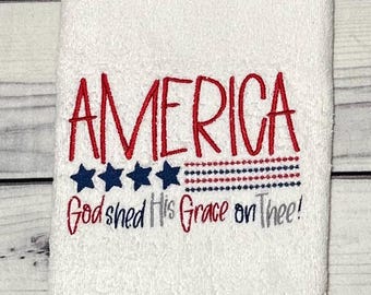 Patriotic American Hand Towel Decor | Red White & Blue Farmhouse Kitchen or Bathroom Towel | Fourth of July Decorative Gift
