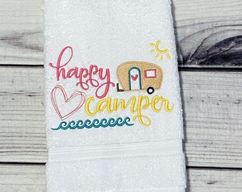 Happy Camper Hand Towel-RV Decor-Kitchen or Bath-Going Camping-Embroidered Hand Towel