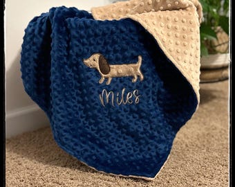 Personalized Dog Minky Baby Blanket | Dachshund Embroidery | Custom Name