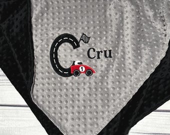 Personalized Race Car Minky Baby Blanket | Nascar Fan | Handmade Blankets | Racetrack Embroidery