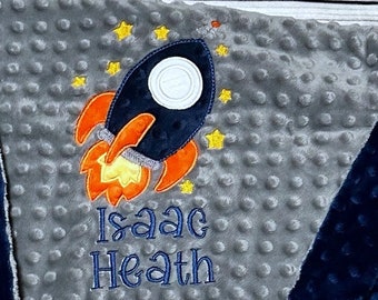 Personalized Rocket Ship Baby Blanket | Space Theme Embroidery | Spaceship Theme Nursery
