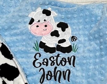 Personalized Cow Print Minky Baby Blanket | Custom Embroidered Gift | Farm Animal Nursery | Keepsake Blankets