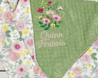 Personalized Floral Minky Baby Blanket | Blankets for Girls | Flower Prints Theme