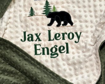 Personalized Minky Baby Blanket | Embroidered Bear & Eagle | Woodland Fabric | Handmade Blanket