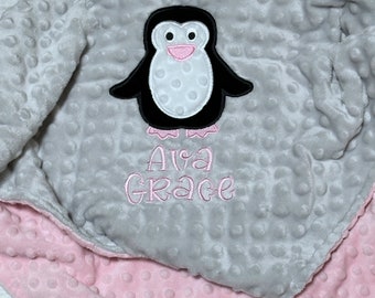 Personalized Penguin Baby Blanket | Handmade Baby Blanket | Name Blanket | New Baby | Minky Dot Fabric | Penguin Embroidery