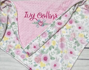 Personalized Floral Baby Minky Blanket | Pretty Flowers | Baby Girl Gift | Special Keepsake