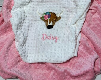 Personalized Highland Cow Baby Blanket | Handmade Baby Gift | Cow Bedding | Baby Girl Nursery