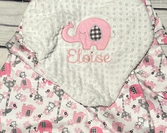 Personalized Elephant Baby Blanket | Handmade Baby Gift | Elephant Embroidery | Baby Girl | Pink Safari Animal Blanket