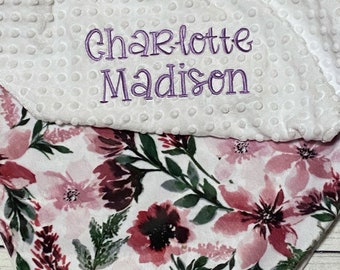 Personalized Floral Baby Blanket | Handmade Baby Gift | Flowers Minky Fabric | Newborn Baby Girl | Crib Bedding