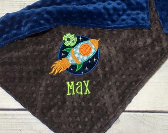 Personalized Rocket Ship Minky Blanket | Space Blanket for Boys | Handmade Blankets | Embroidered Name Gifts