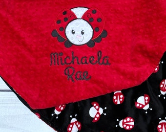 Personalized Lady Bug Baby Blanket | Handmade Baby Gift | Name Blanket | Newborn Present| Red Black Minky