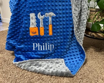 Personalized Minky Baby Blanket | Construction Tools  Embroidery | Custom Nursery Decor | Wrench Hammer and Saw