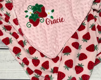 Personalized Strawberry Minky Baby Blanket | Baby Girl Blankets | Handmade Keepsake  | Embroidered Strawberries
