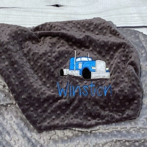 Personalized Baby Blanket Handmade Trucker Baby Gift Semi Truck Embroidery 18-wheeler Read About Sizes in Description image 3