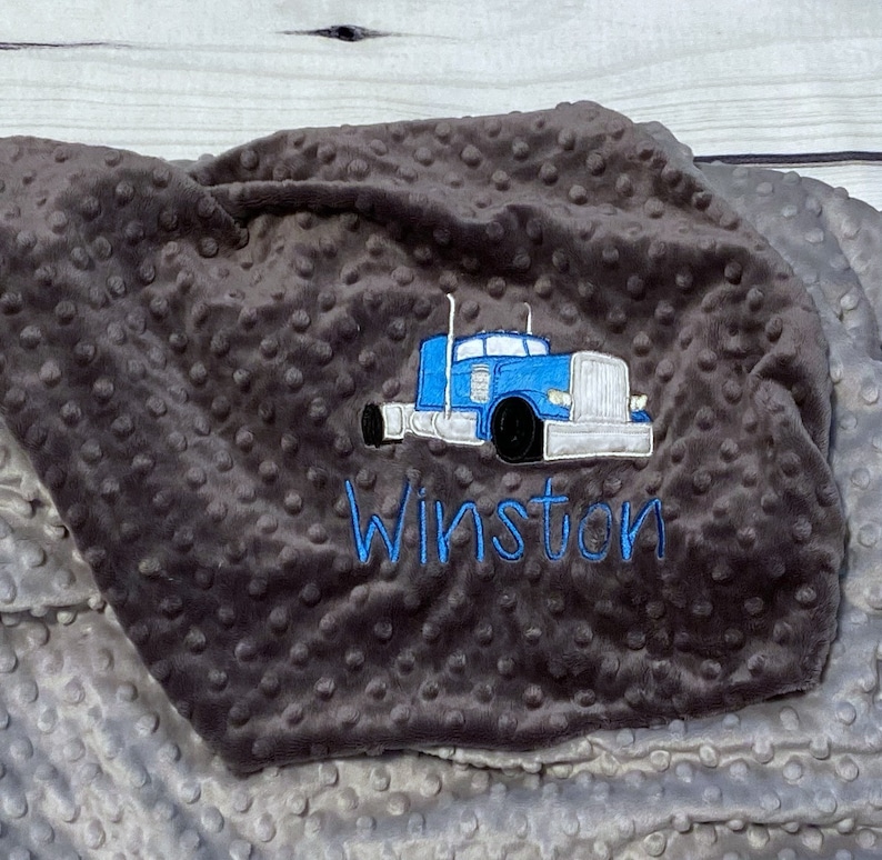 Personalized Baby Blanket Handmade Trucker Baby Gift Semi Truck Embroidery 18-wheeler Read About Sizes in Description image 3