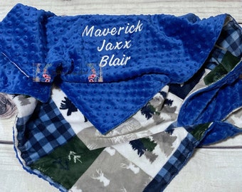 Personalized Woodland Blanket | Handmade Baby Gift | Bear Moose Deer | Baby Boy Adventure | Wilderness Fabric