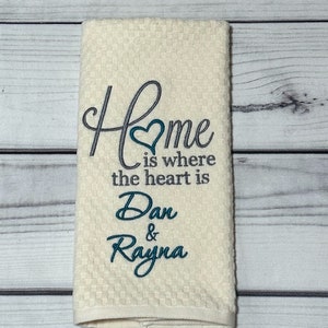 Personalized Hand Towel | Home is Where the Heart is | Custom Embroidered Kitchen Towel | Housewarming Gift | Family Name Towel