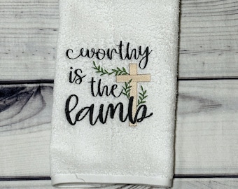 Embroidered Christian Hand Towel | Encouraging Home Decor | Decorative Bathroom Towel | Cross Embroidery | Worthy is the Lamb