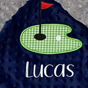 Personalized Golf Baby Blanket Handmade Baby Gift Golf Green with Flag Newborn Present Crib Bedding Choose your Colors image 2