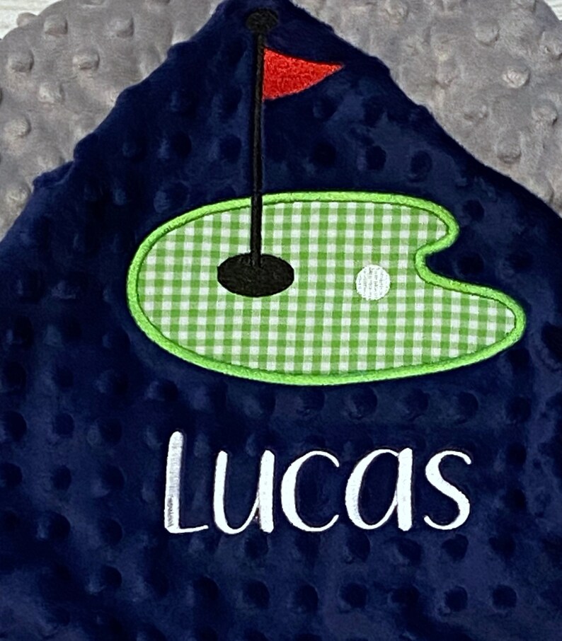 Personalized Golf Baby Blanket Handmade Baby Gift Golf Green with Flag Newborn Present Crib Bedding Choose your Colors image 2