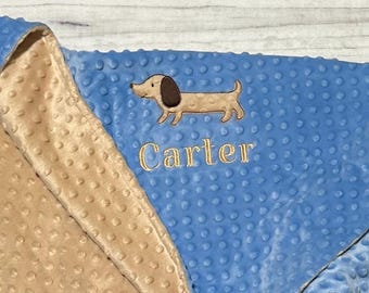Personalized Dog Minky Baby Blanket | Embroidered Dachshund Dog | Weiner Dogs | Handmade Keepsake