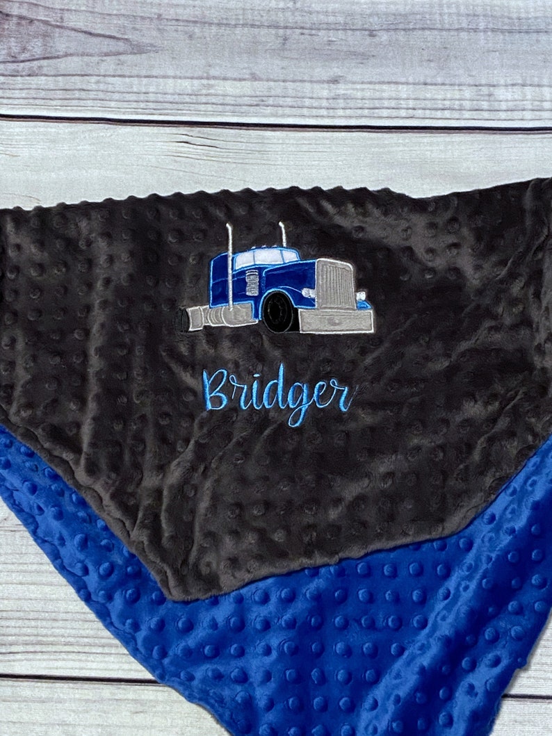 Personalized Baby Blanket Handmade Trucker Baby Gift Semi Truck Embroidery 18-wheeler Read About Sizes in Description image 1