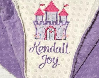 Personalized Baby Girl Minky Baby Blanket | Princess Castle Embroidery  | Fairytale Child Blanket