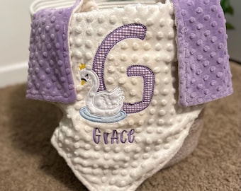 Personalized Swan Minky Baby Blanket | Initial Blankets for Babies