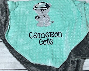 Personalized Golf Baby Blanket | Handmade Baby Gift | New Baby | Golfing Bear Embroidery |  New Mom | Minky Cuddle Fabric